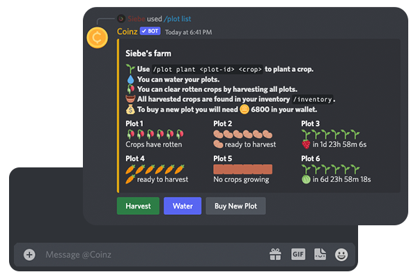 A picture of discord that shows the farming category of Coinz.